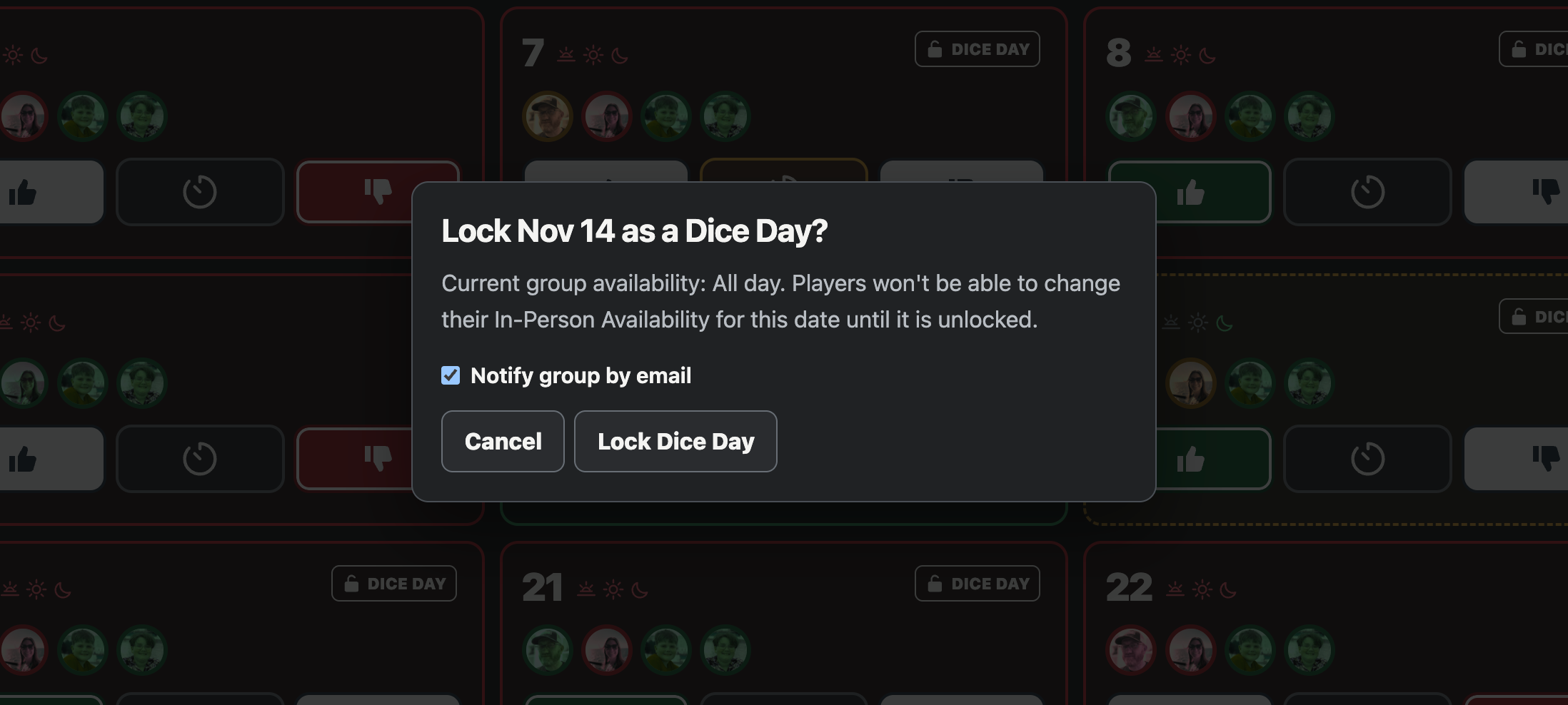 DiceDaze confirmation for locking November 14 as a Dice Day and notifying the group by email.