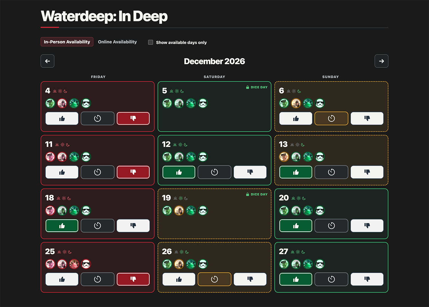 DiceDaze December calendar showing game details, player avatars, mixed availability, and locked Dice Days.